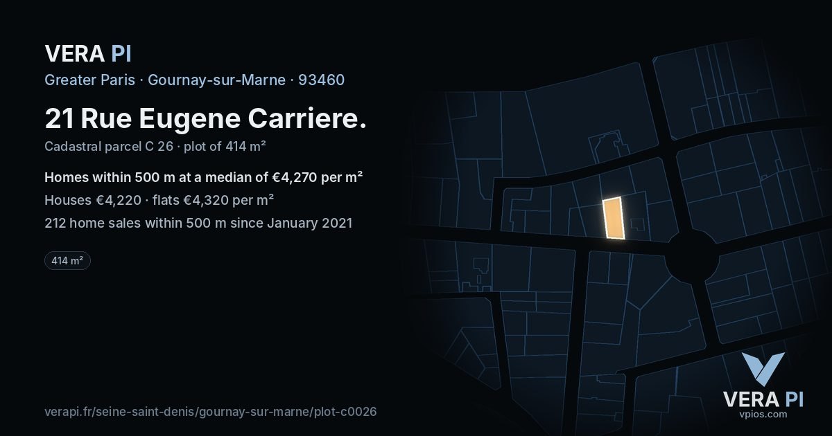 21 Rue Eugene Carriere, Gournay-sur-Marne at night – the plot lit, the parcels around coloured by the prices near them