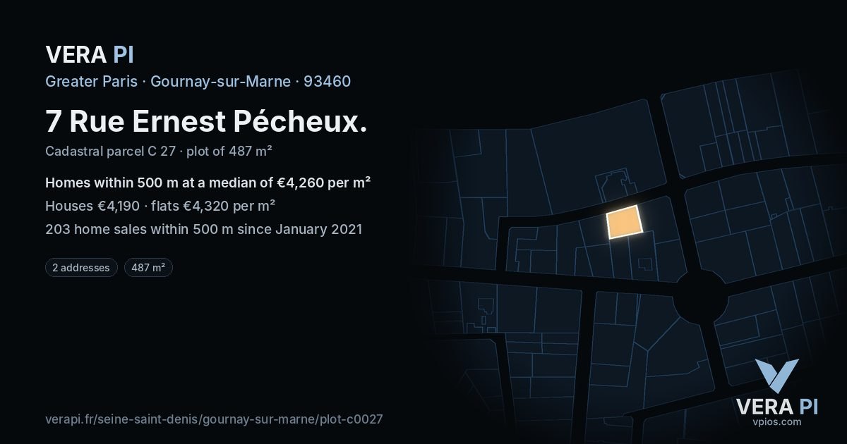 7 Rue Ernest Pécheux, Gournay-sur-Marne at night – the plot lit, the parcels around coloured by the prices near them