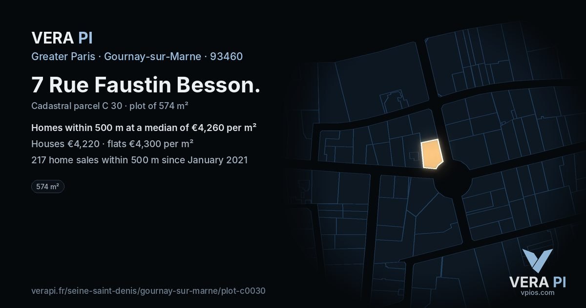 7 Rue Faustin Besson, Gournay-sur-Marne at night – the plot lit, the parcels around coloured by the prices near them