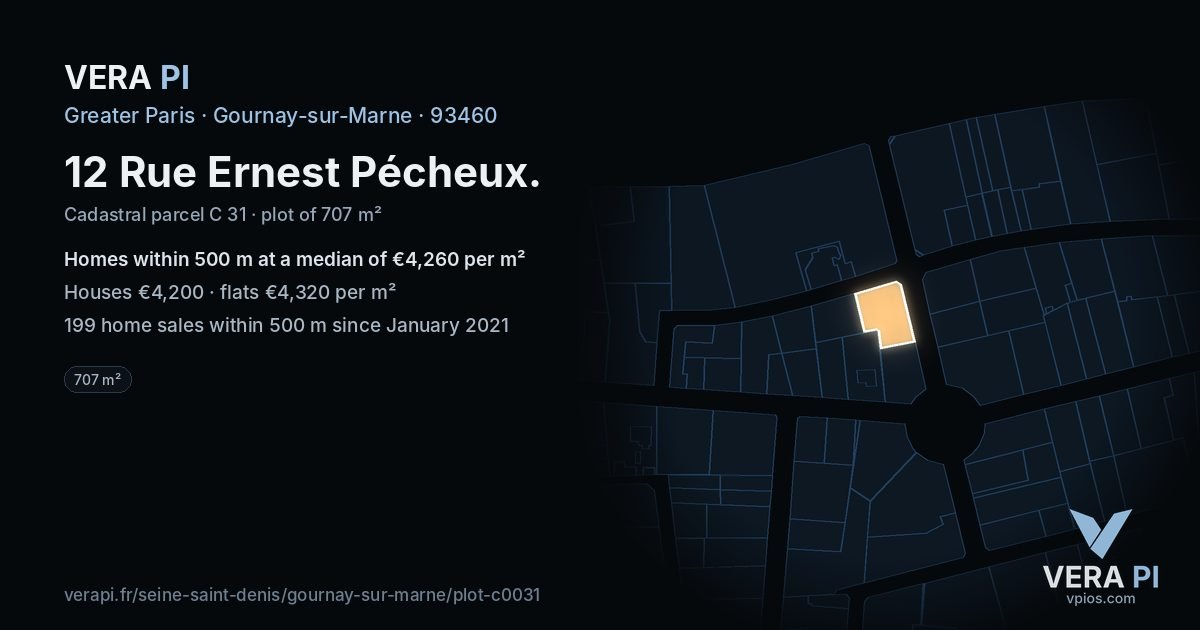 12 Rue Ernest Pécheux, Gournay-sur-Marne at night – the plot lit, the parcels around coloured by the prices near them