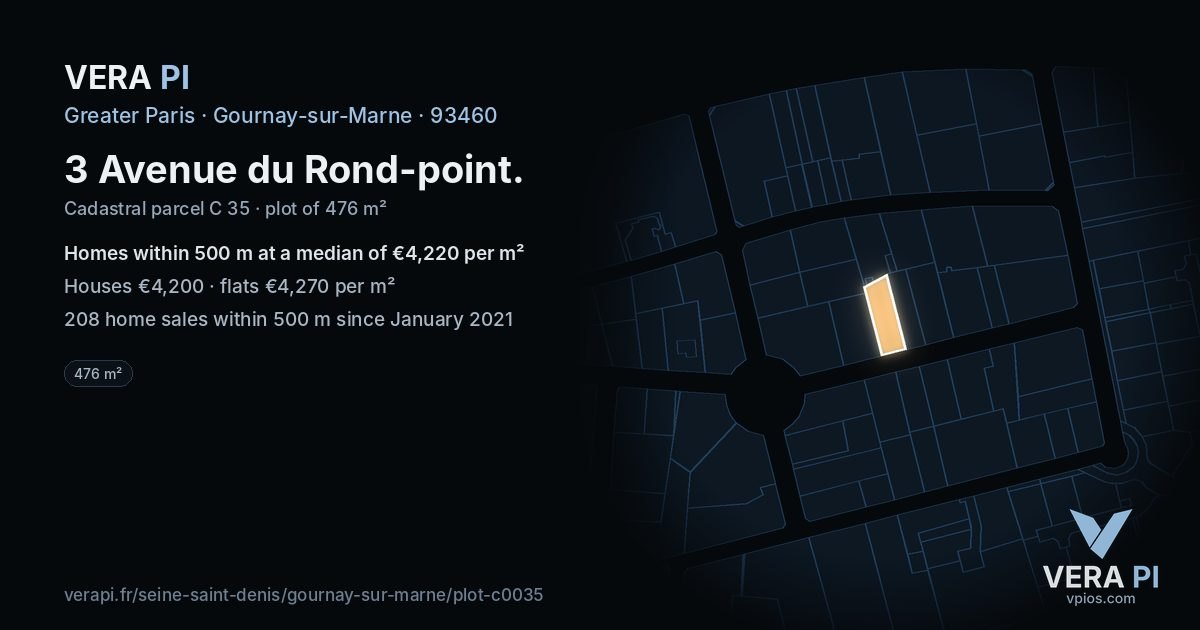 3 Avenue du Rond-point, Gournay-sur-Marne at night – the plot lit, the parcels around coloured by the prices near them