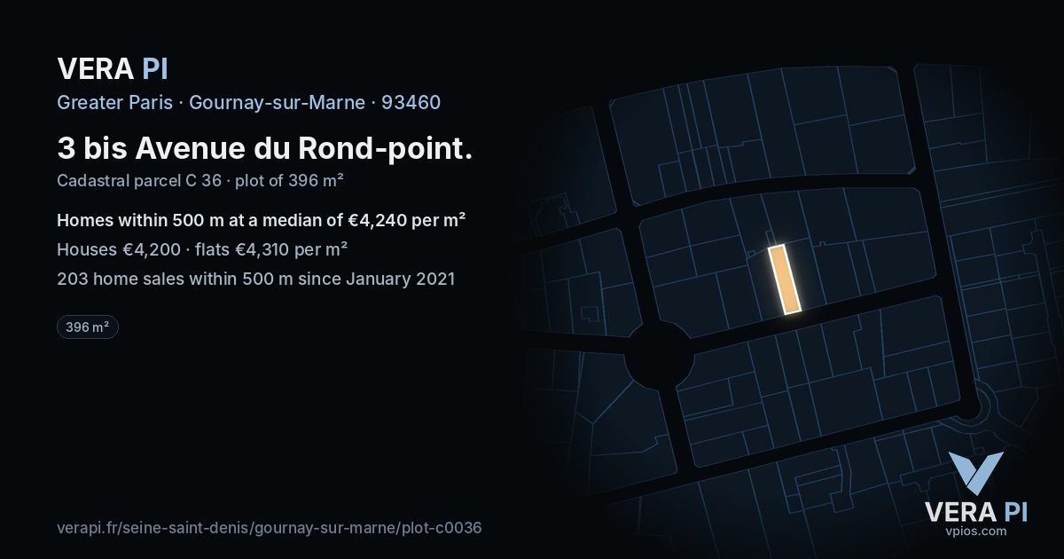 3 bis Avenue du Rond-point, Gournay-sur-Marne at night – the plot lit, the parcels around coloured by the prices near them