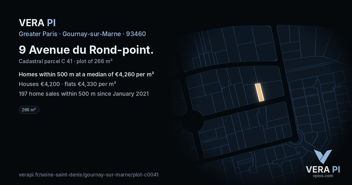 9 Avenue du Rond-point, Gournay-sur-Marne at night – the plot lit, the parcels around coloured by the prices near them