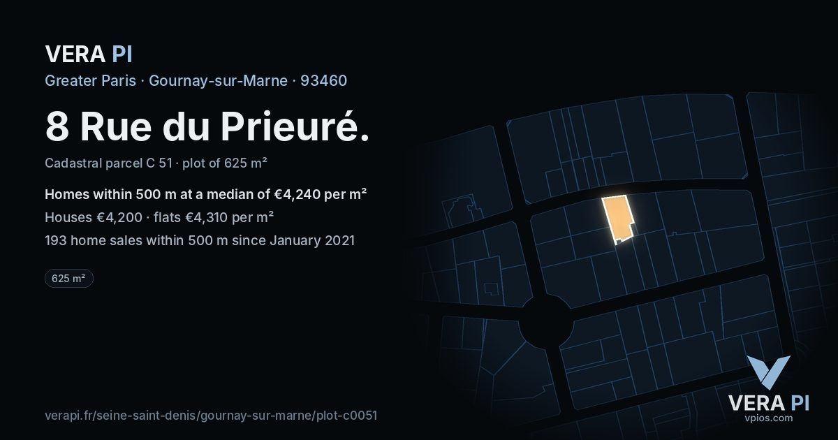 8 Rue du Prieuré, Gournay-sur-Marne at night – the plot lit, the parcels around coloured by the prices near them