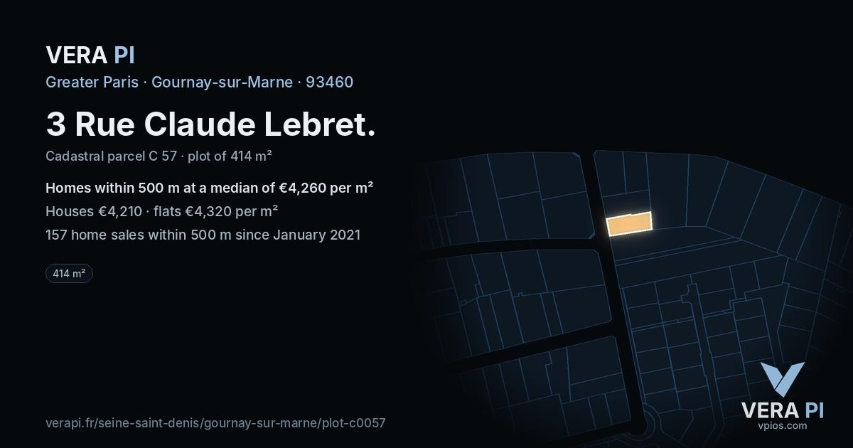 3 Rue Claude Lebret, Gournay-sur-Marne at night – the plot lit, the parcels around coloured by the prices near them