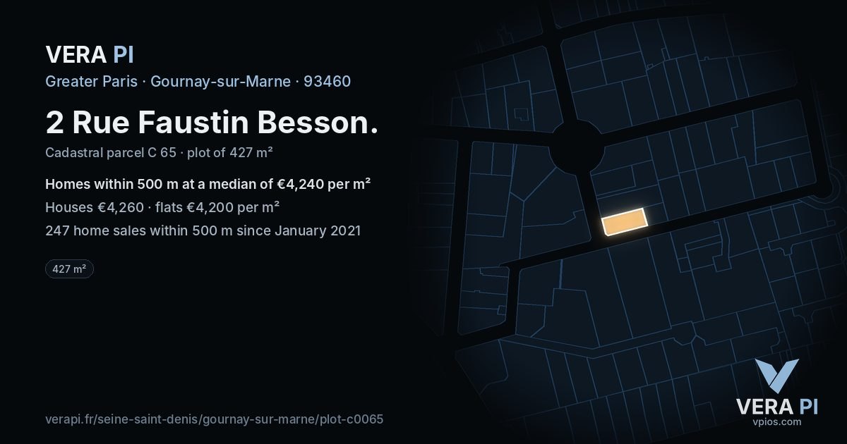 2 Rue Faustin Besson, Gournay-sur-Marne at night – the plot lit, the parcels around coloured by the prices near them
