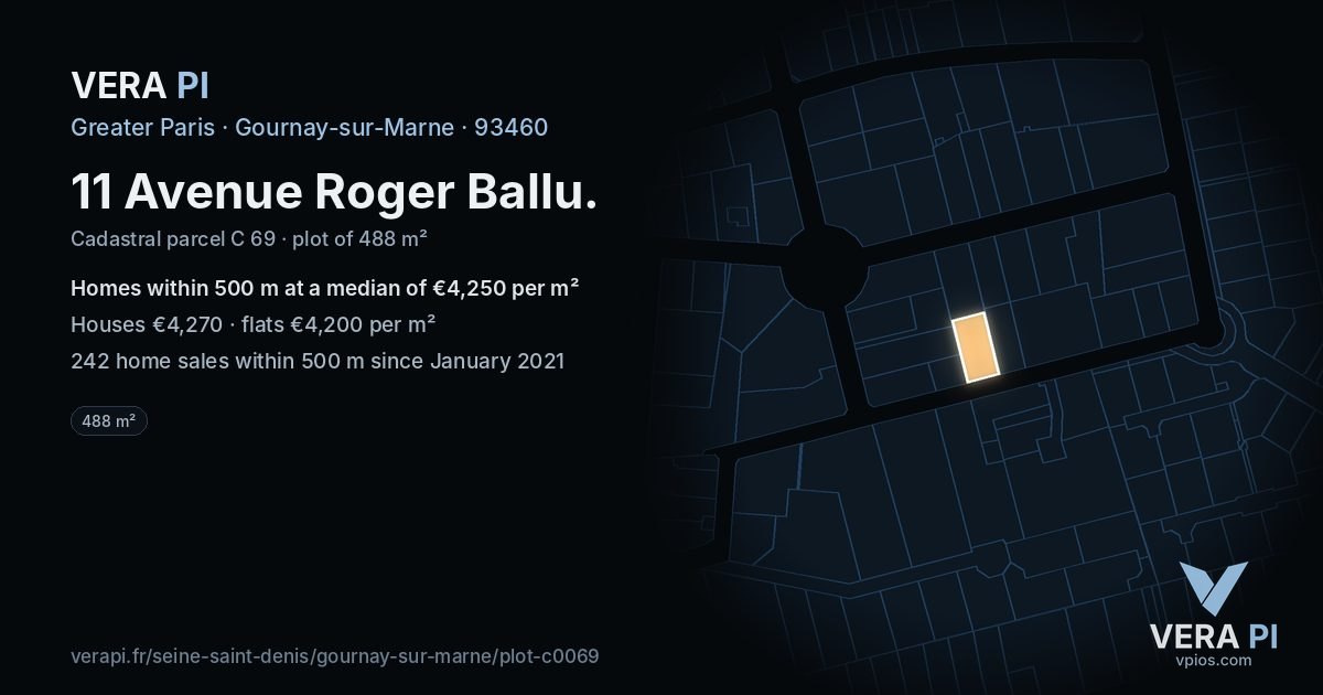 11 Avenue Roger Ballu, Gournay-sur-Marne at night – the plot lit, the parcels around coloured by the prices near them