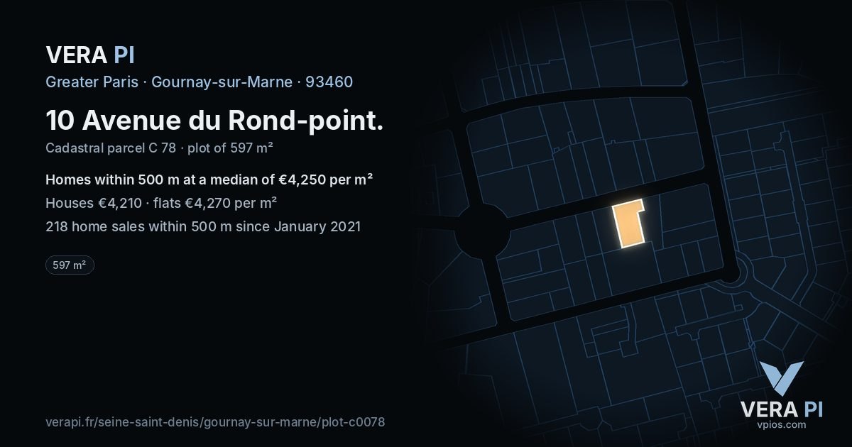 10 Avenue du Rond-point, Gournay-sur-Marne at night – the plot lit, the parcels around coloured by the prices near them