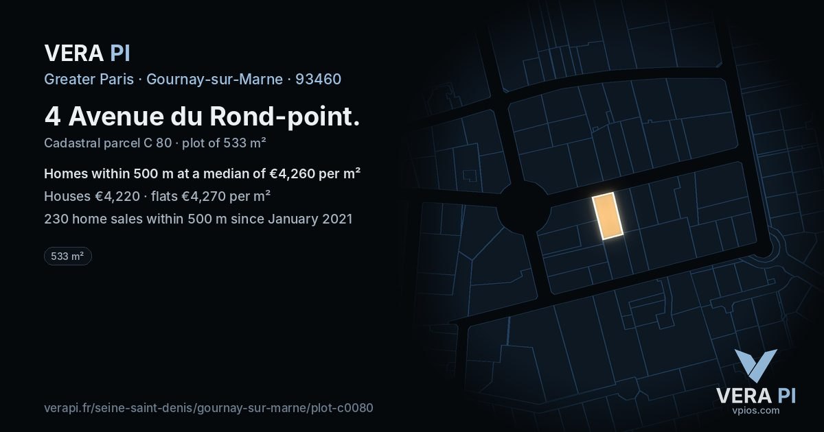 4 Avenue du Rond-point, Gournay-sur-Marne at night – the plot lit, the parcels around coloured by the prices near them