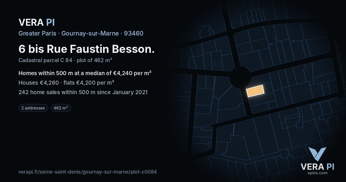 6 bis Rue Faustin Besson, Gournay-sur-Marne at night – the plot lit, the parcels around coloured by the prices near them