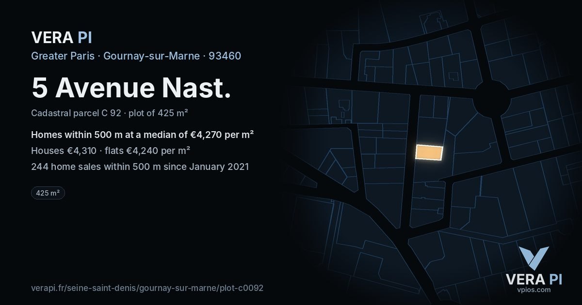 5 Avenue Nast, Gournay-sur-Marne at night – the plot lit, the parcels around coloured by the prices near them