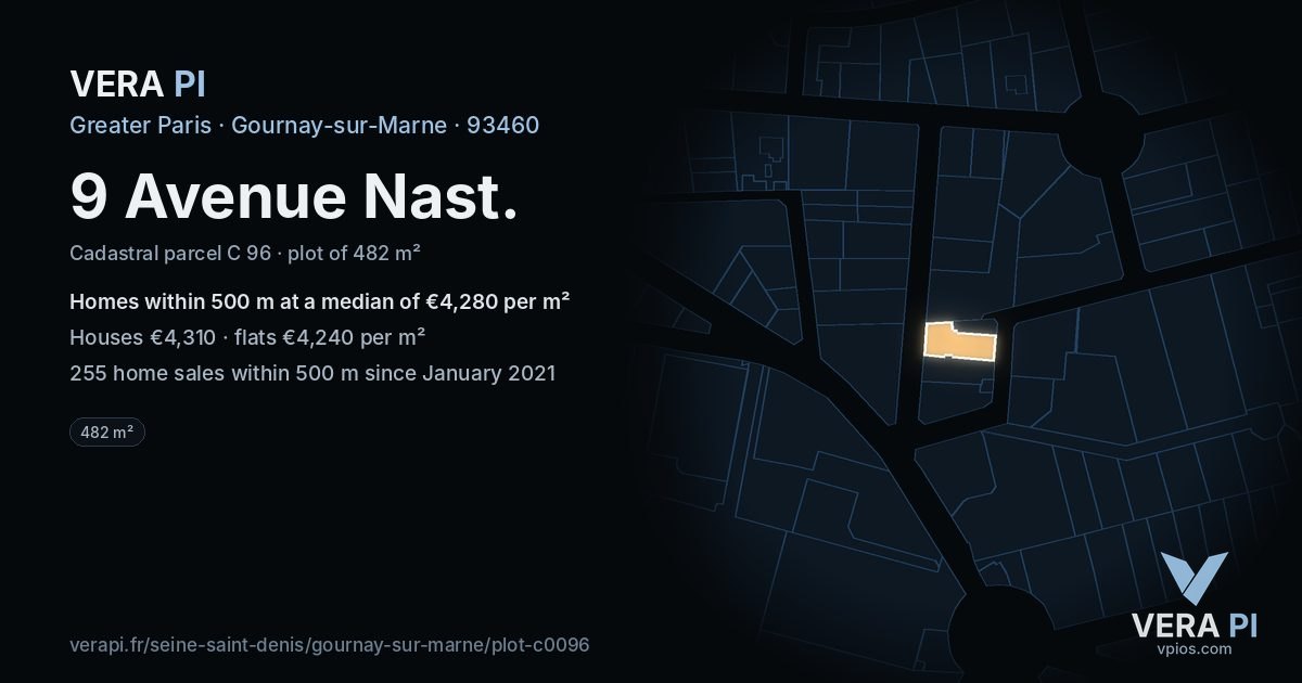 9 Avenue Nast, Gournay-sur-Marne at night – the plot lit, the parcels around coloured by the prices near them