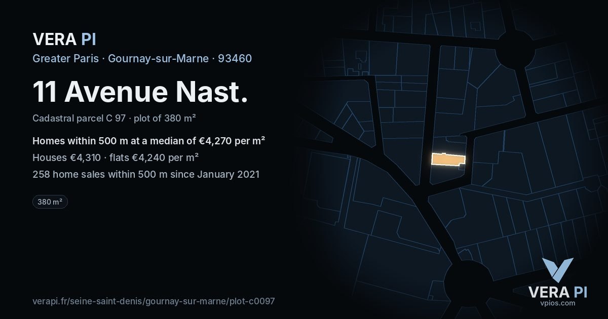 11 Avenue Nast, Gournay-sur-Marne at night – the plot lit, the parcels around coloured by the prices near them