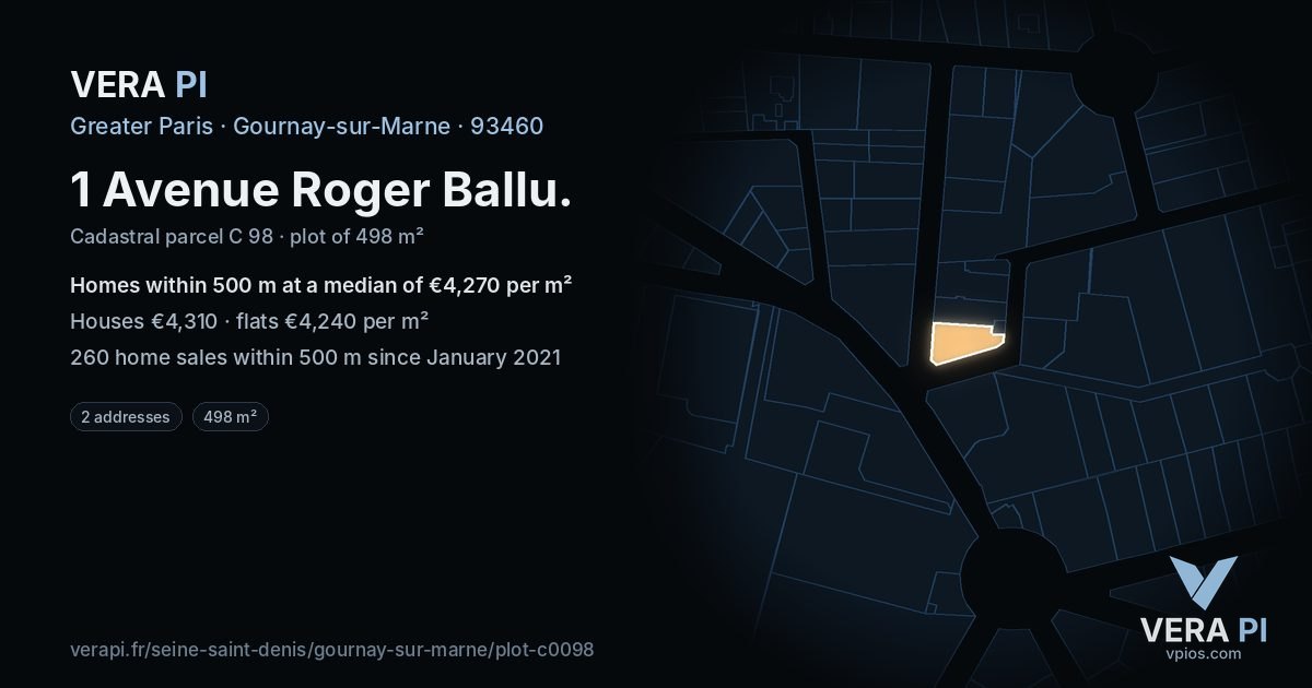 1 Avenue Roger Ballu, Gournay-sur-Marne at night – the plot lit, the parcels around coloured by the prices near them