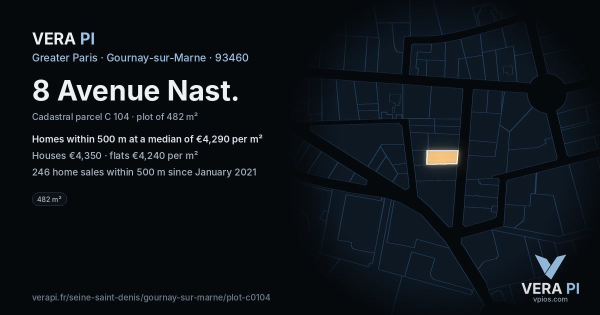 8 Avenue Nast, Gournay-sur-Marne at night – the plot lit, the parcels around coloured by the prices near them
