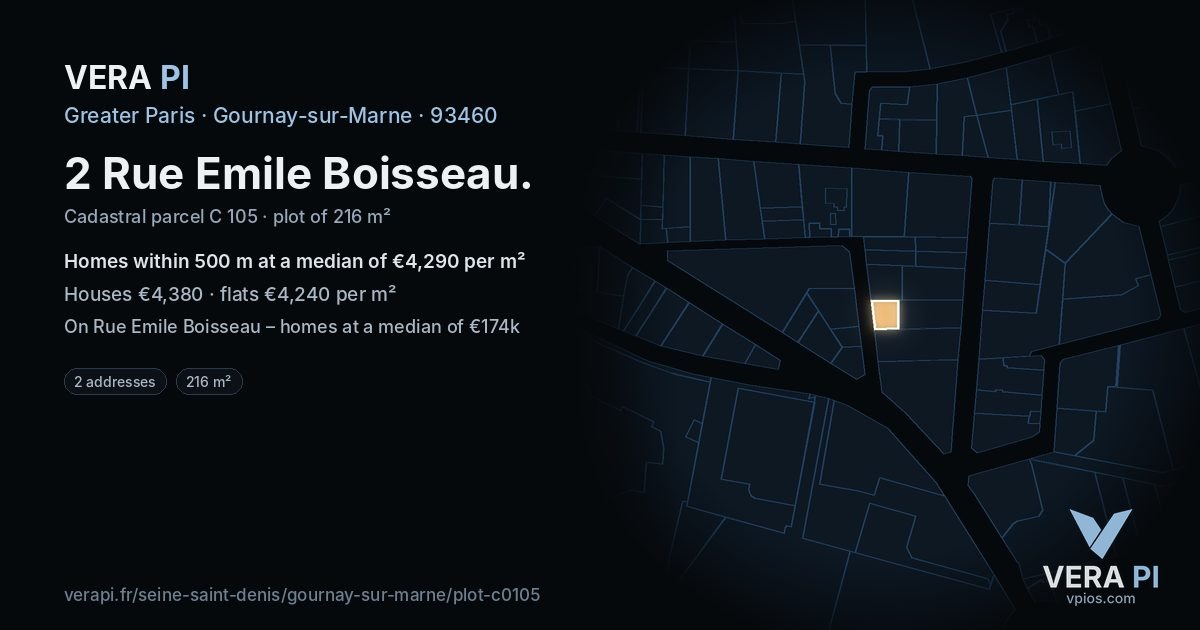 2 Rue Emile Boisseau, Gournay-sur-Marne at night – the plot lit, the parcels around coloured by the prices near them