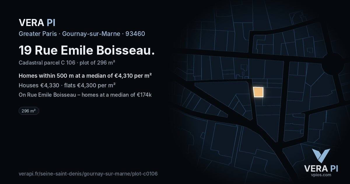 19 Rue Emile Boisseau, Gournay-sur-Marne at night – the plot lit, the parcels around coloured by the prices near them