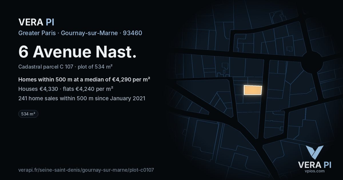 6 Avenue Nast, Gournay-sur-Marne at night – the plot lit, the parcels around coloured by the prices near them