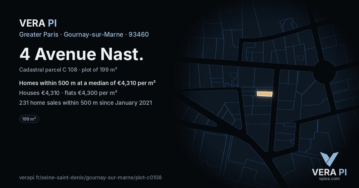 4 Avenue Nast, Gournay-sur-Marne at night – the plot lit, the parcels around coloured by the prices near them