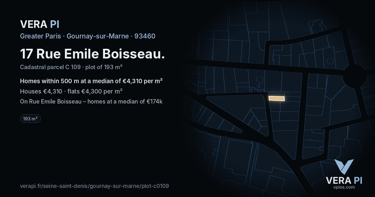 17 Rue Emile Boisseau, Gournay-sur-Marne at night – the plot lit, the parcels around coloured by the prices near them