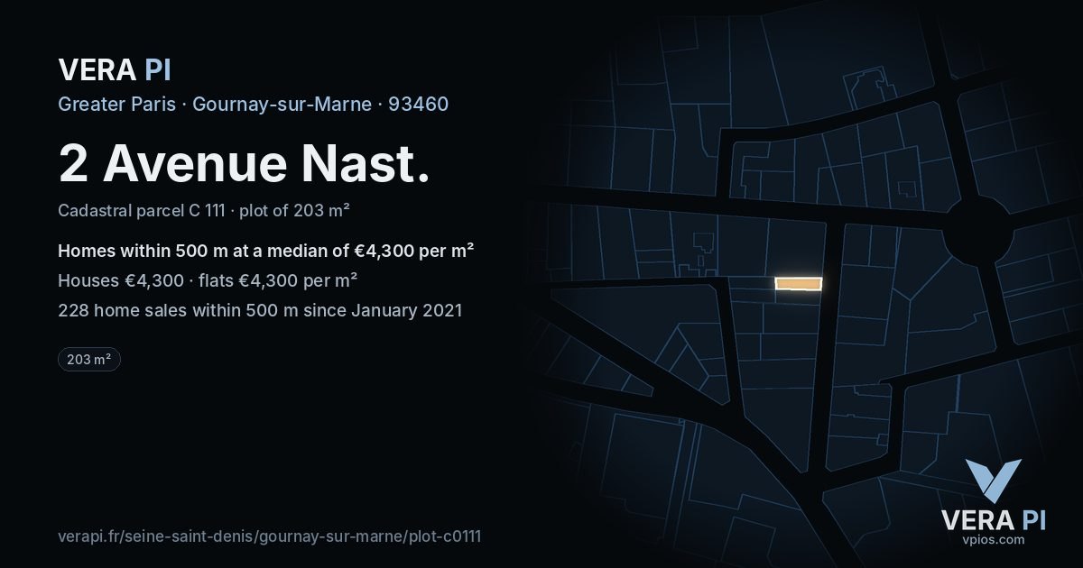 2 Avenue Nast, Gournay-sur-Marne at night – the plot lit, the parcels around coloured by the prices near them