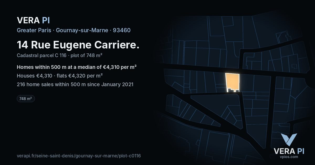 14 Rue Eugene Carriere, Gournay-sur-Marne at night – the plot lit, the parcels around coloured by the prices near them