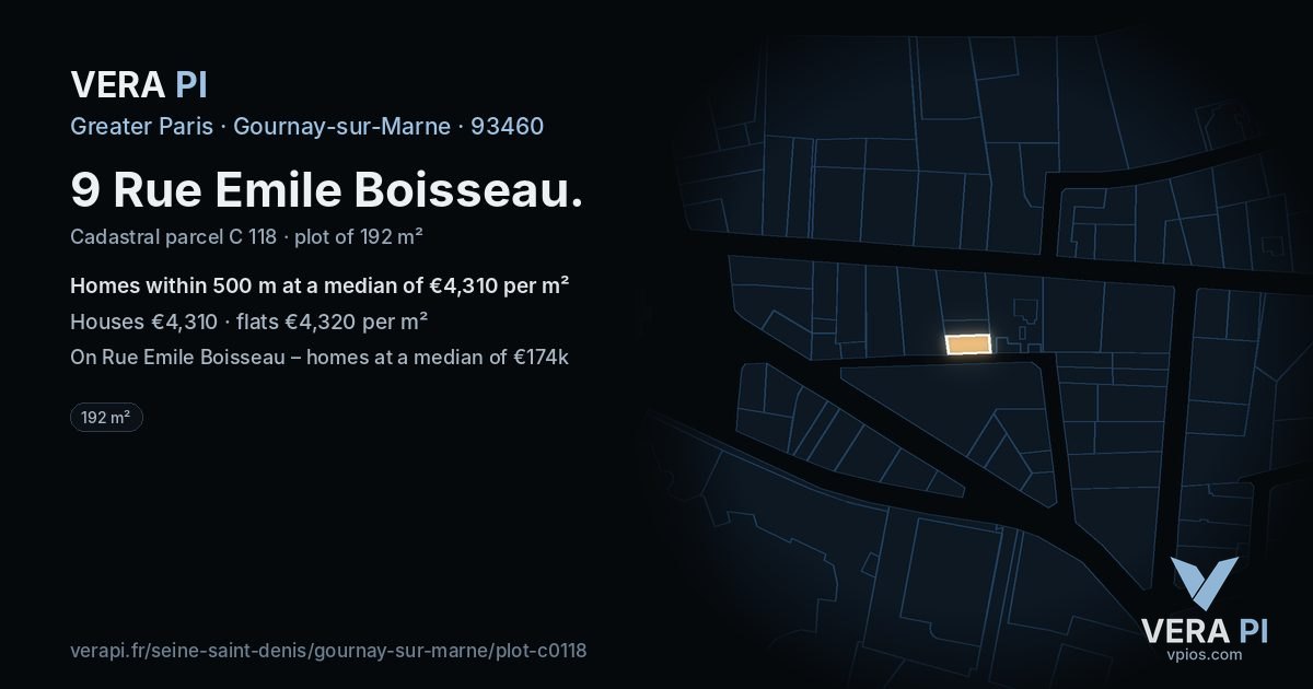 9 Rue Emile Boisseau, Gournay-sur-Marne at night – the plot lit, the parcels around coloured by the prices near them