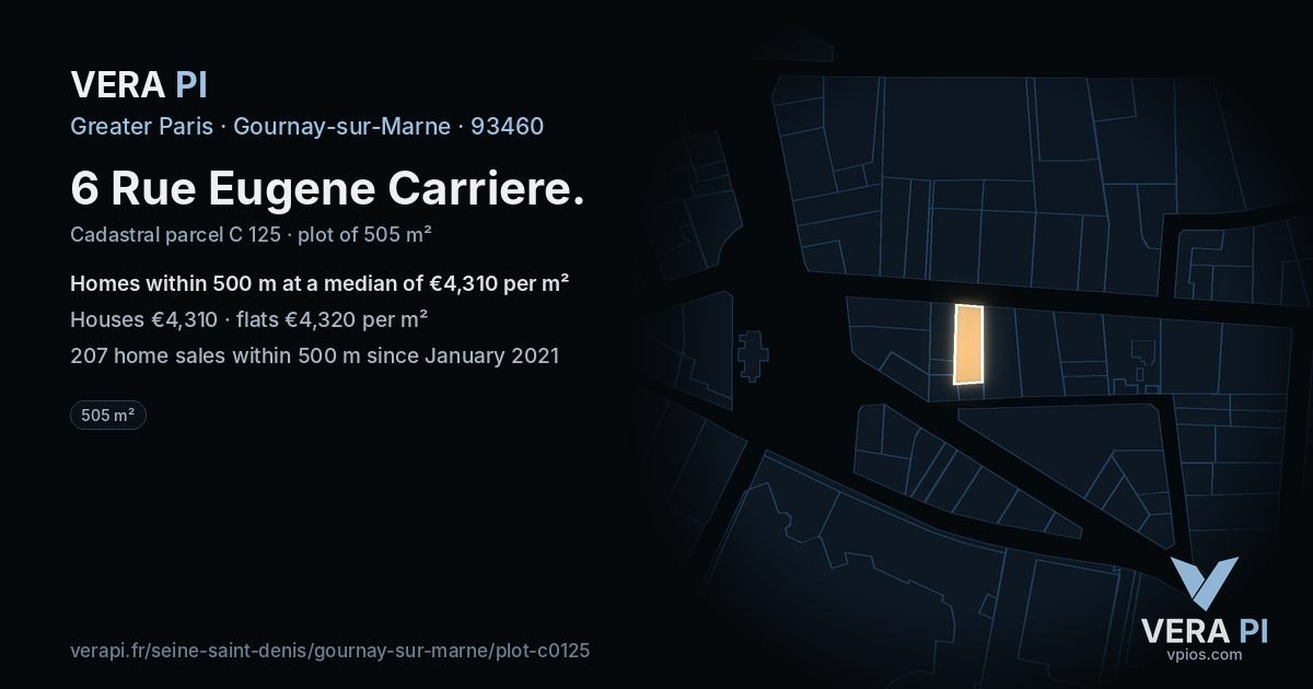 6 Rue Eugene Carriere, Gournay-sur-Marne at night – the plot lit, the parcels around coloured by the prices near them