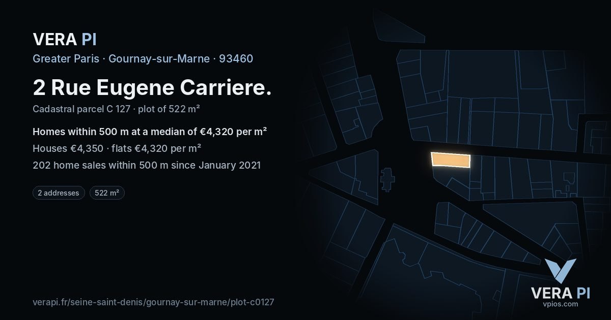 2 Rue Eugene Carriere, Gournay-sur-Marne at night – the plot lit, the parcels around coloured by the prices near them
