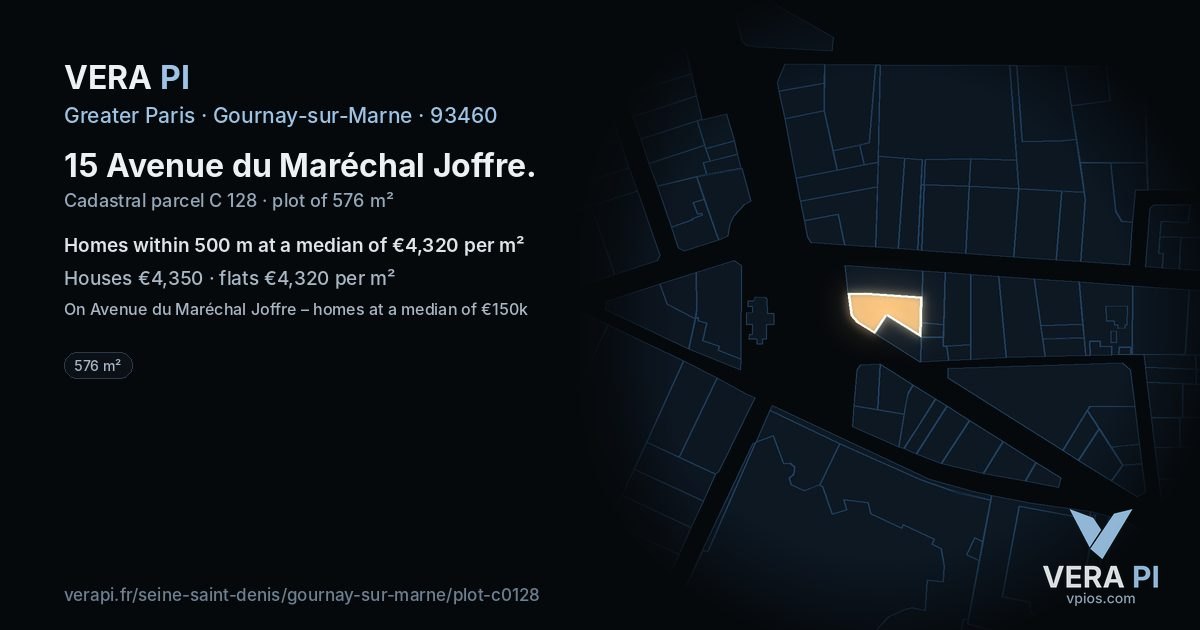 15 Avenue du Maréchal Joffre, Gournay-sur-Marne at night – the plot lit, the parcels around coloured by the prices near them