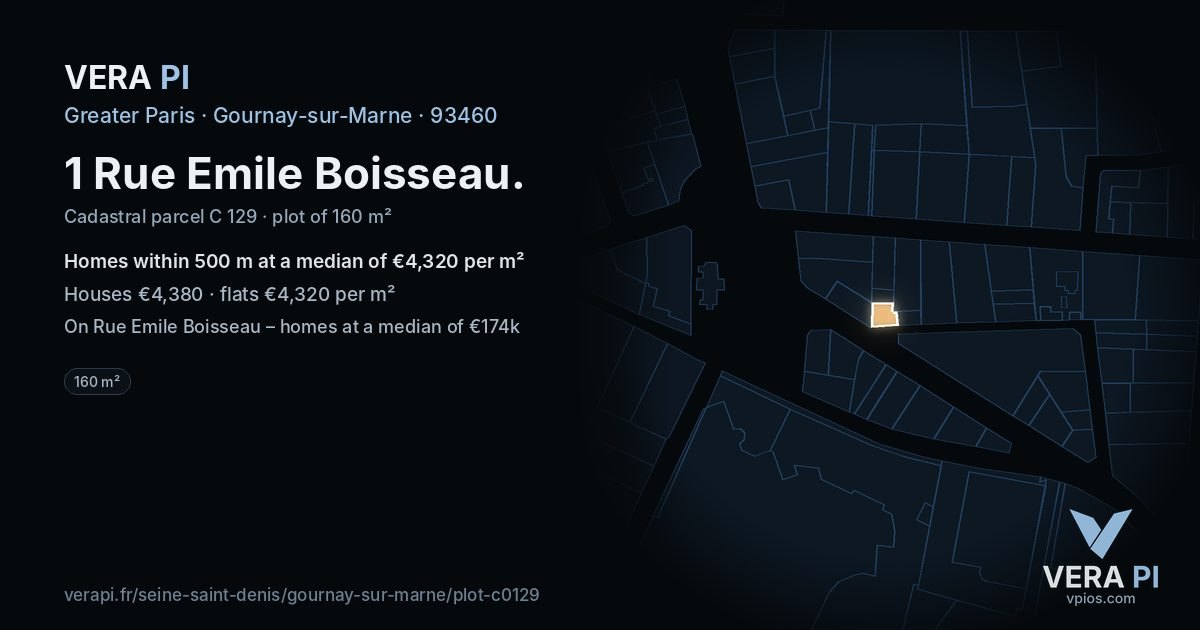 1 Rue Emile Boisseau, Gournay-sur-Marne at night – the plot lit, the parcels around coloured by the prices near them