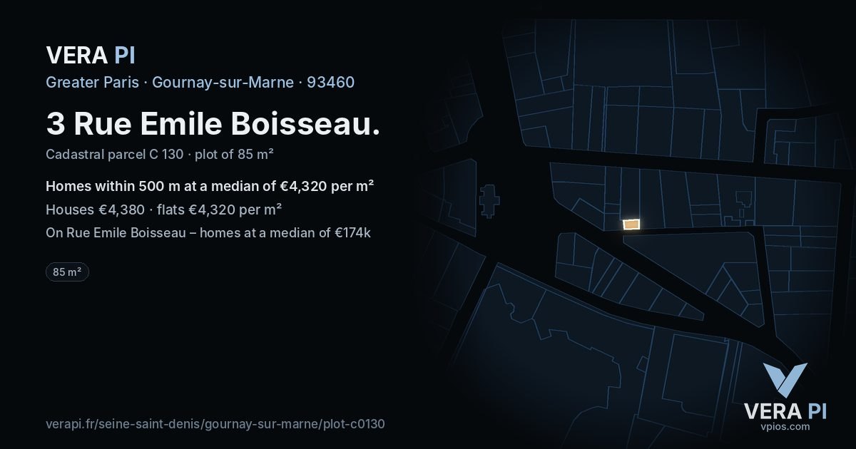 3 Rue Emile Boisseau, Gournay-sur-Marne at night – the plot lit, the parcels around coloured by the prices near them