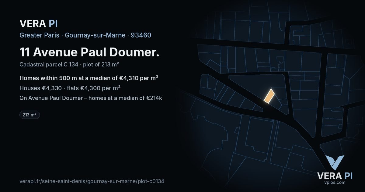 11 Avenue Paul Doumer, Gournay-sur-Marne at night – the plot lit, the parcels around coloured by the prices near them