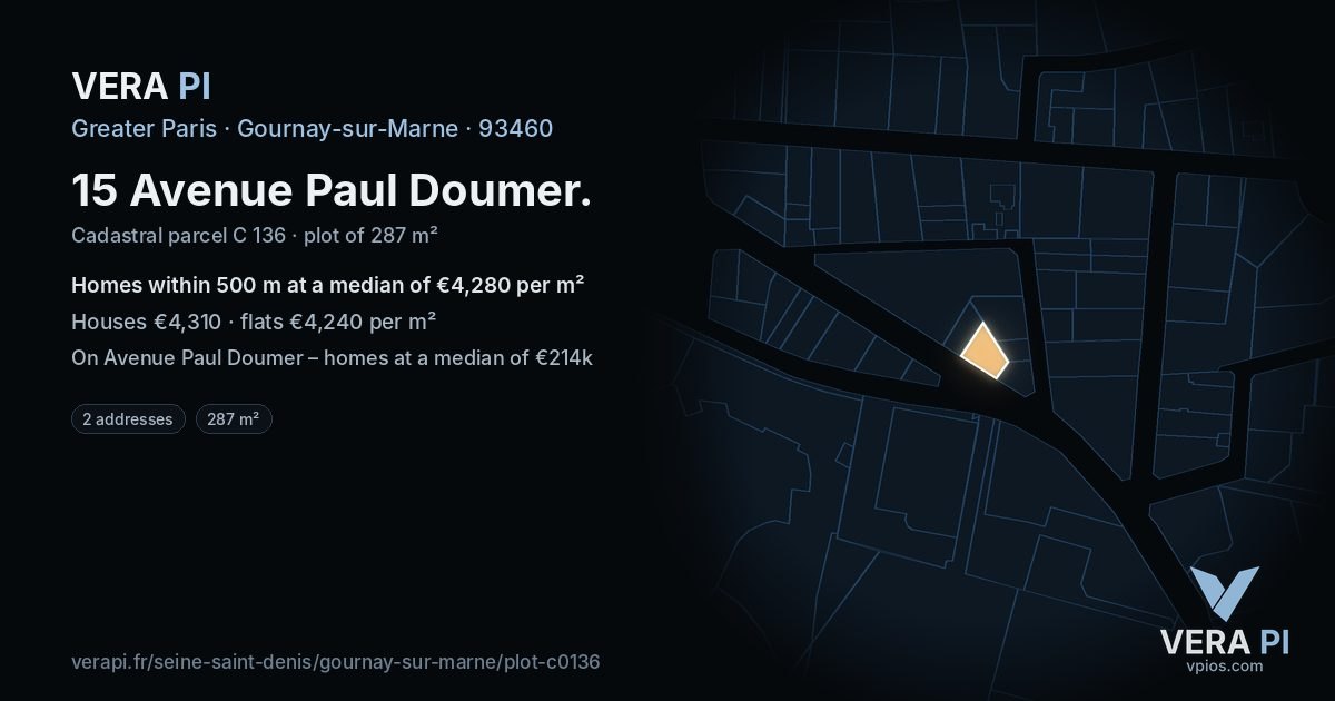15 Avenue Paul Doumer, Gournay-sur-Marne at night – the plot lit, the parcels around coloured by the prices near them