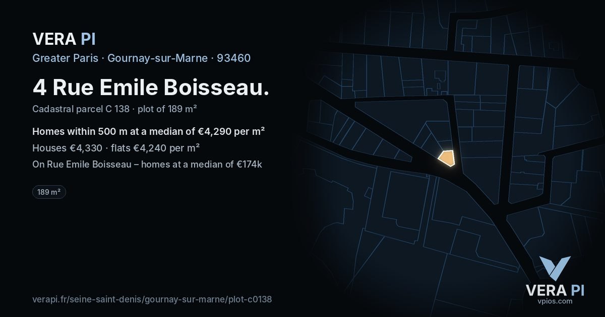 4 Rue Emile Boisseau, Gournay-sur-Marne at night – the plot lit, the parcels around coloured by the prices near them