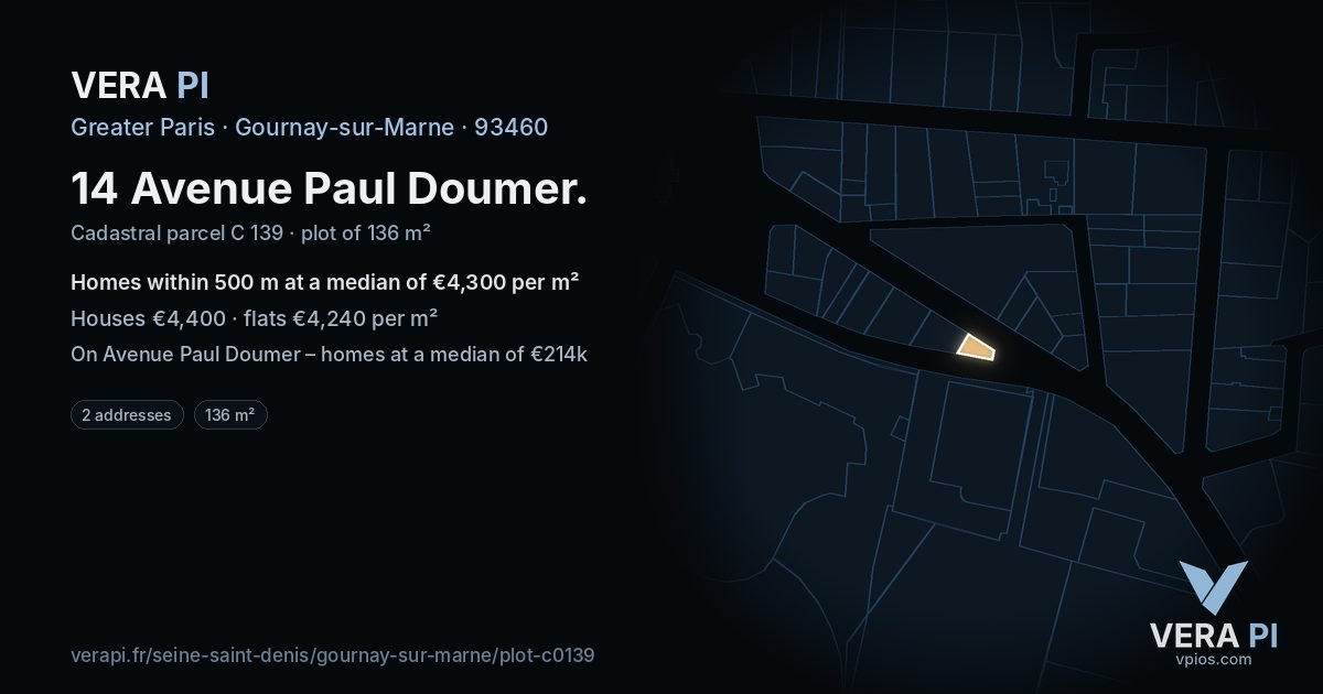 14 Avenue Paul Doumer, Gournay-sur-Marne at night – the plot lit, the parcels around coloured by the prices near them