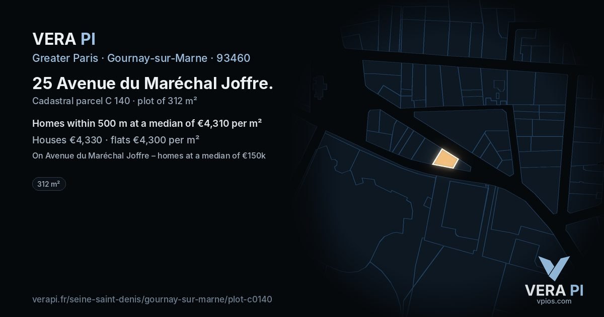 25 Avenue du Maréchal Joffre, Gournay-sur-Marne at night – the plot lit, the parcels around coloured by the prices near them