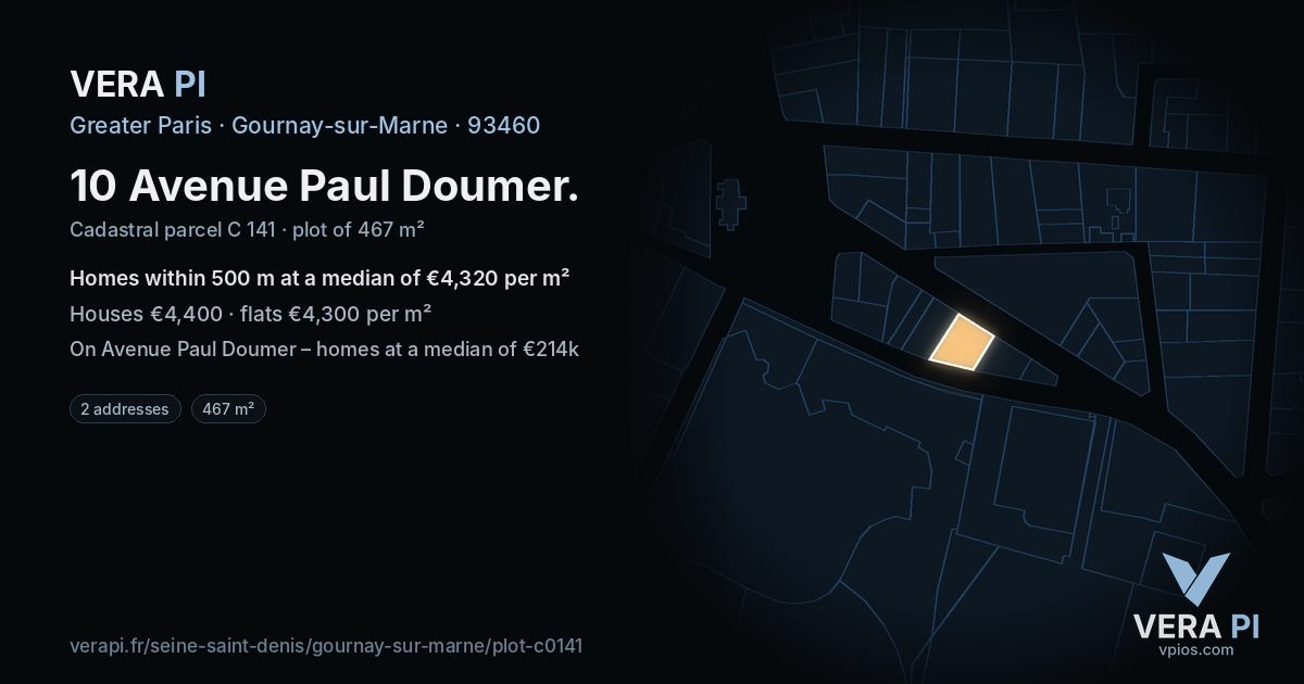 10 Avenue Paul Doumer, Gournay-sur-Marne at night – the plot lit, the parcels around coloured by the prices near them