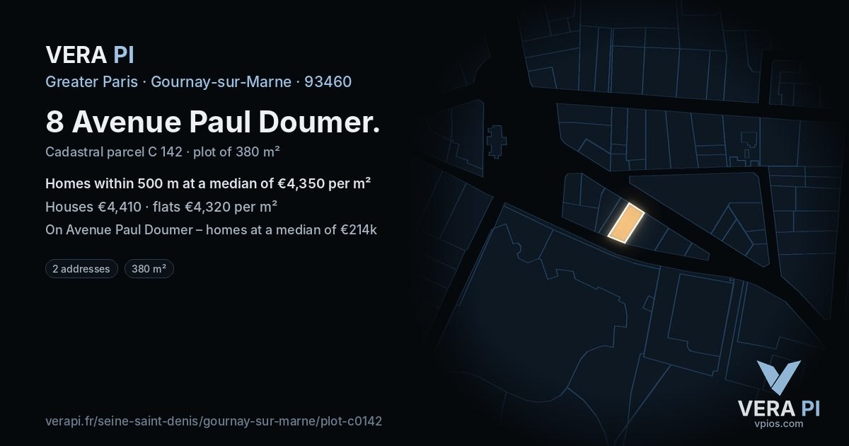 8 Avenue Paul Doumer, Gournay-sur-Marne at night – the plot lit, the parcels around coloured by the prices near them