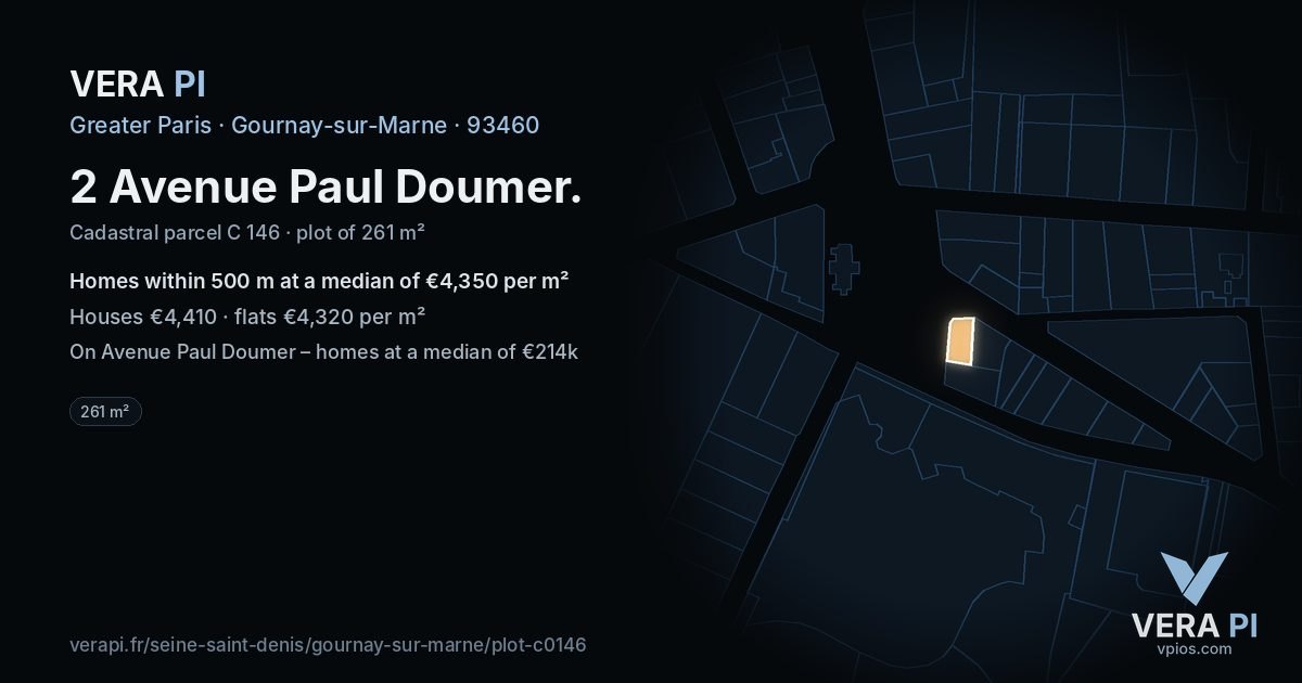 2 Avenue Paul Doumer, Gournay-sur-Marne at night – the plot lit, the parcels around coloured by the prices near them