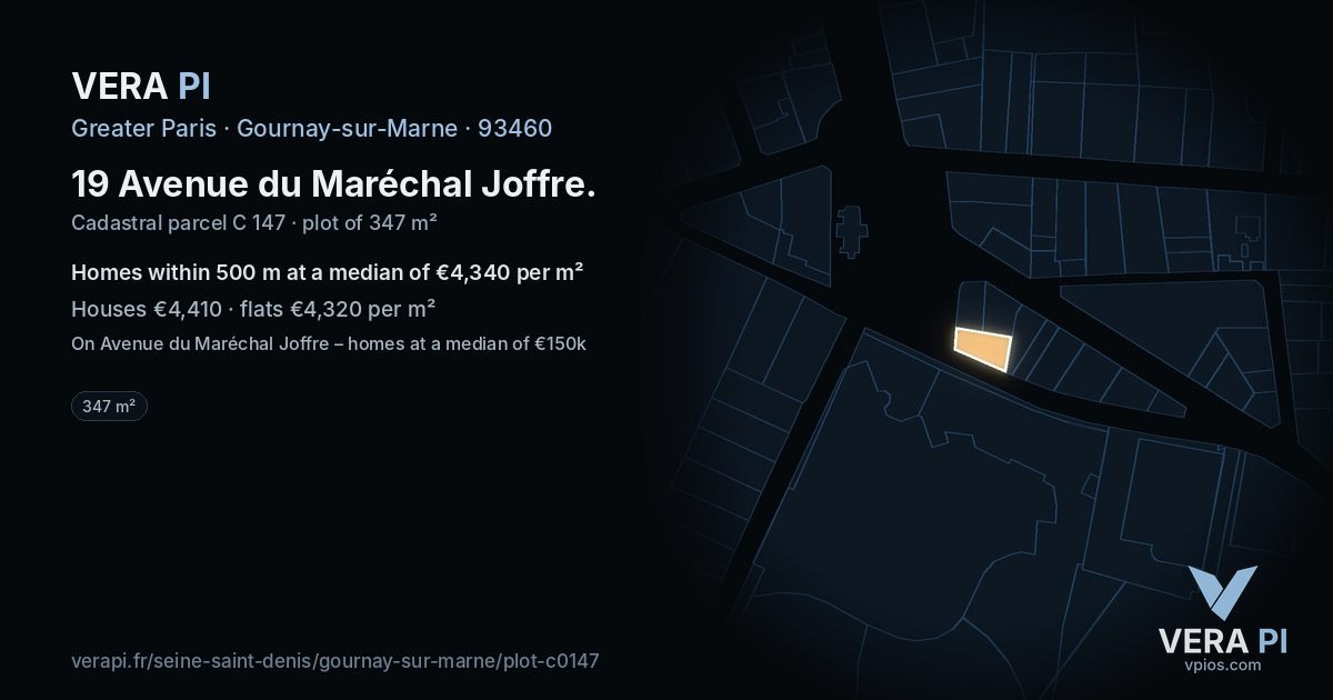 19 Avenue du Maréchal Joffre, Gournay-sur-Marne at night – the plot lit, the parcels around coloured by the prices near them