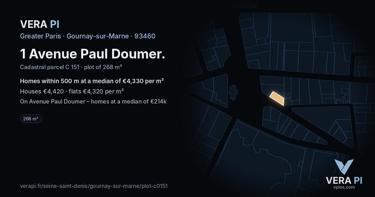 1 Avenue Paul Doumer, Gournay-sur-Marne at night – the plot lit, the parcels around coloured by the prices near them