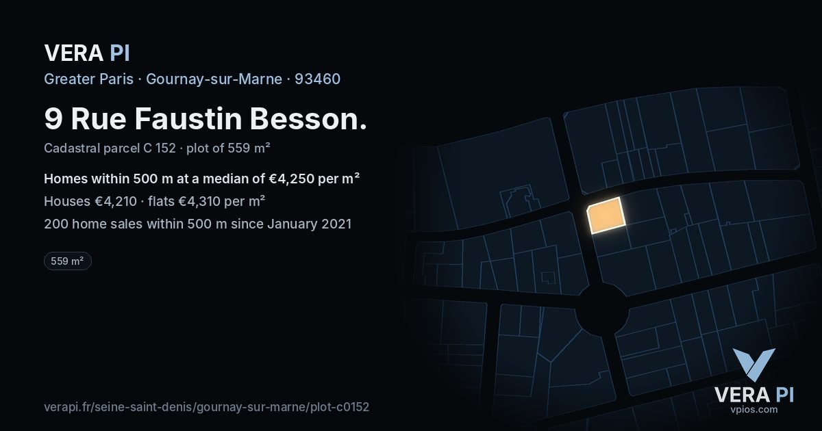 9 Rue Faustin Besson, Gournay-sur-Marne at night – the plot lit, the parcels around coloured by the prices near them