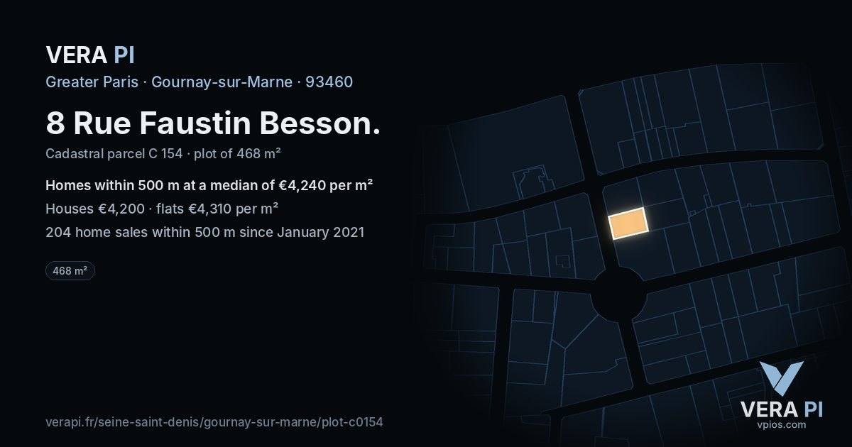 8 Rue Faustin Besson, Gournay-sur-Marne at night – the plot lit, the parcels around coloured by the prices near them