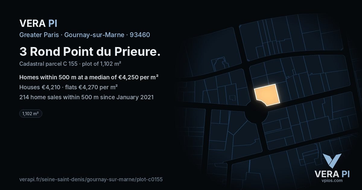 3 Rond Point du Prieure, Gournay-sur-Marne at night – the plot lit, the parcels around coloured by the prices near them