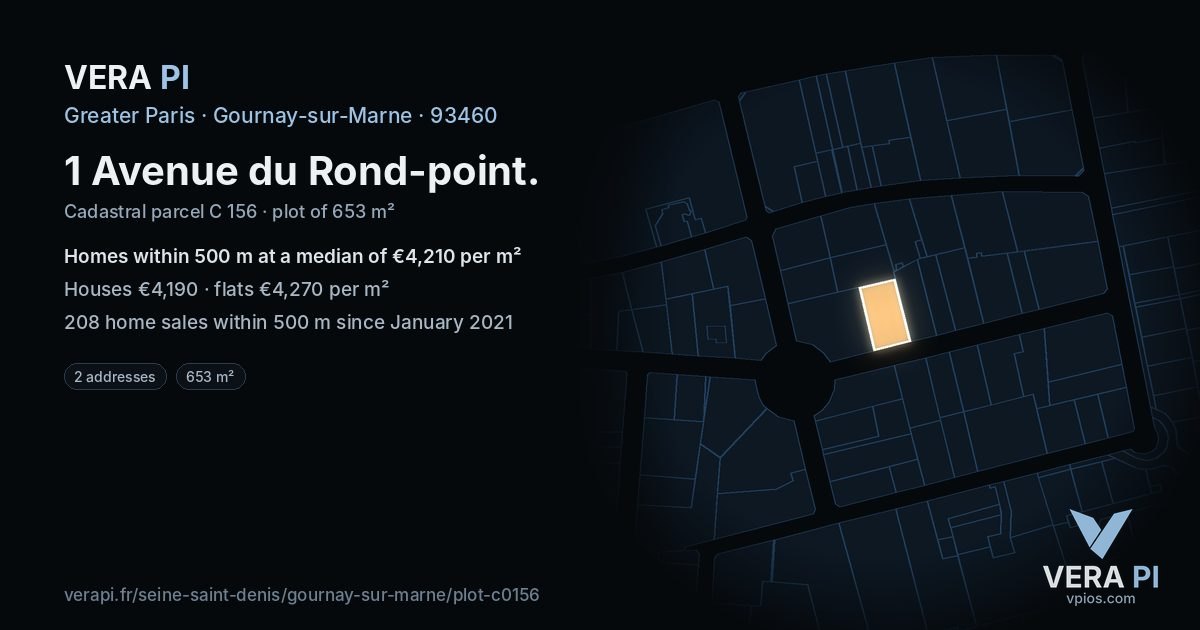 1 Avenue du Rond-point, Gournay-sur-Marne at night – the plot lit, the parcels around coloured by the prices near them