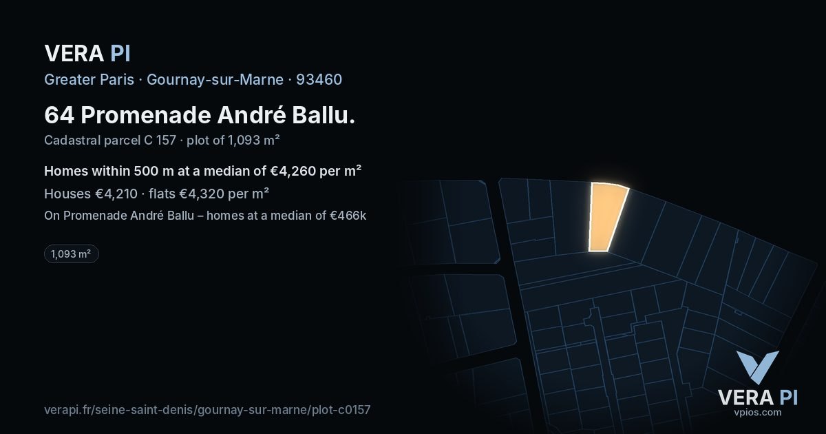 64 Promenade André Ballu, Gournay-sur-Marne at night – the plot lit, the parcels around coloured by the prices near them