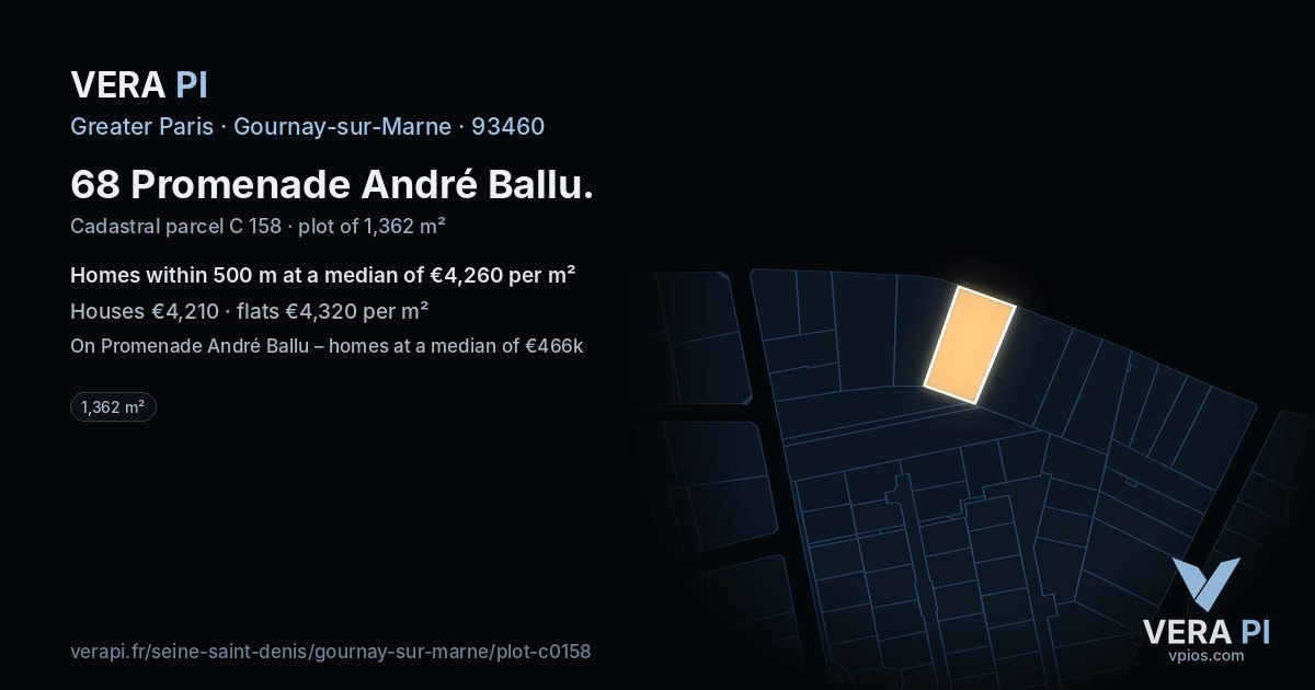 68 Promenade André Ballu, Gournay-sur-Marne at night – the plot lit, the parcels around coloured by the prices near them