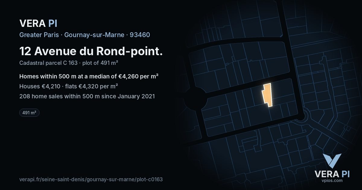 12 Avenue du Rond-point, Gournay-sur-Marne at night – the plot lit, the parcels around coloured by the prices near them