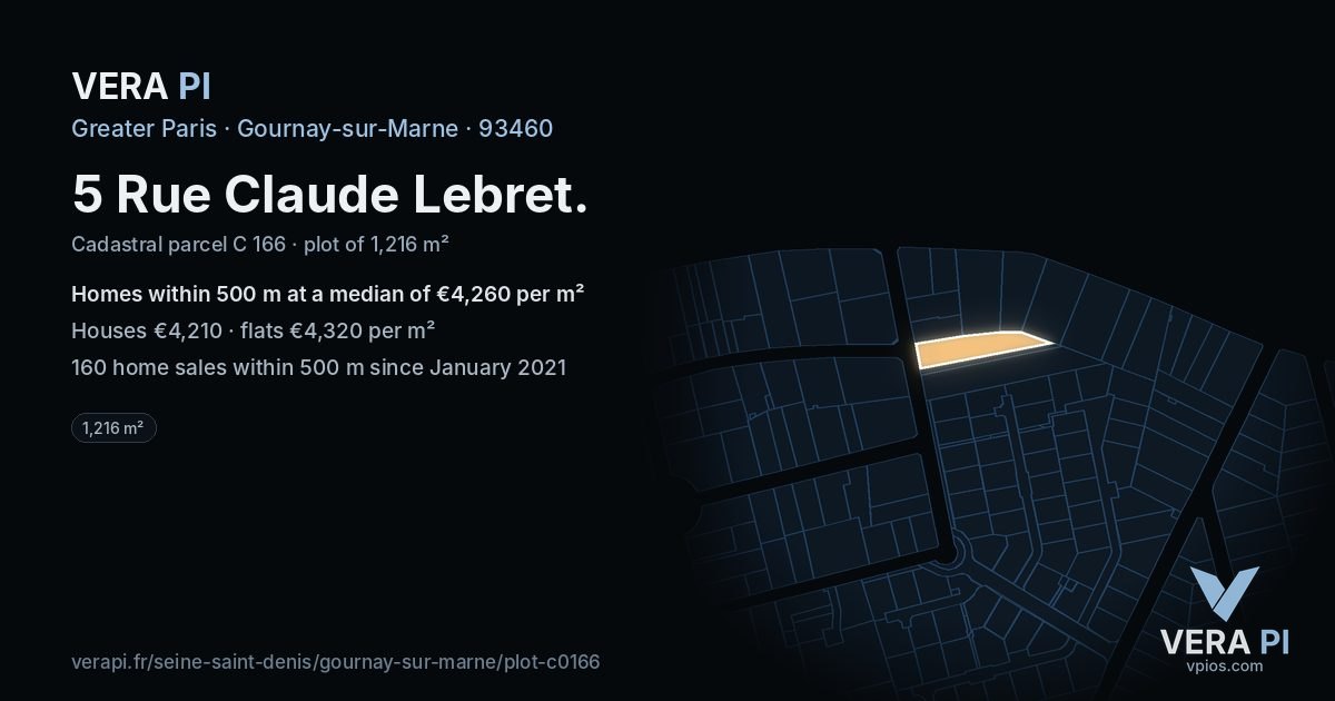 5 Rue Claude Lebret, Gournay-sur-Marne at night – the plot lit, the parcels around coloured by the prices near them